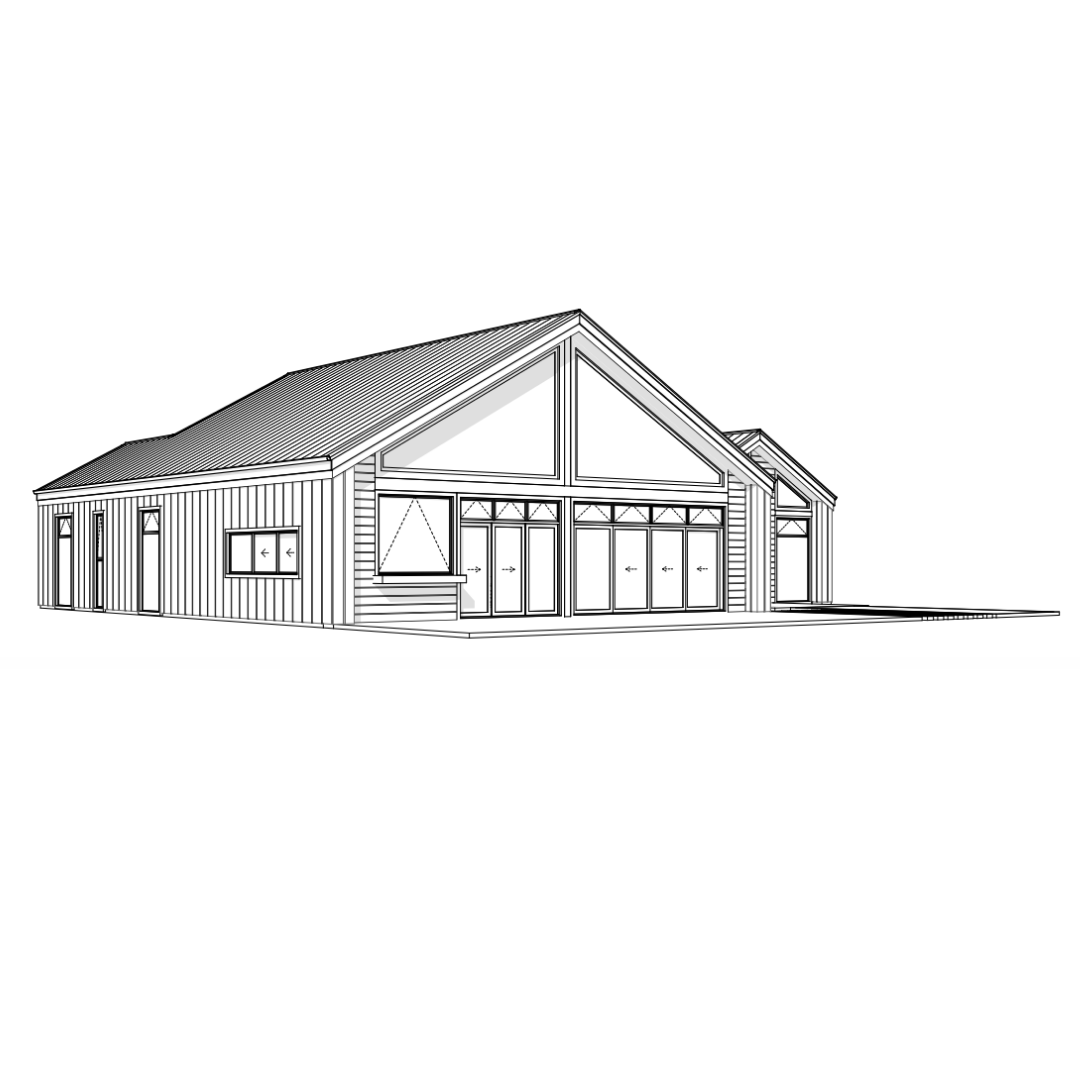 Line drawing of a modern house with large windows, a sloped roof, and siding exterior.