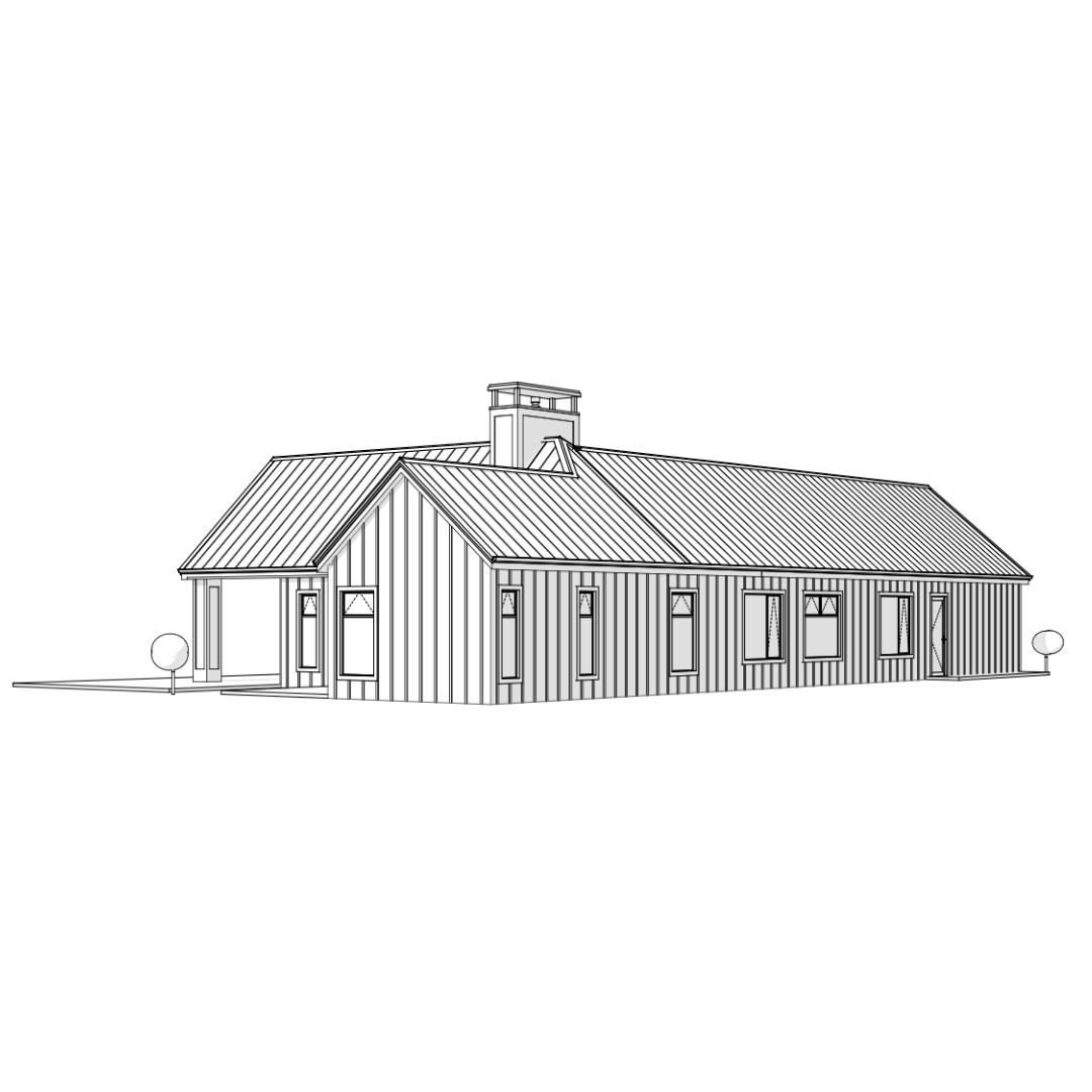Line drawing of a modern house with a gabled roof, multiple windows, and a chimney, flanked by small trees.