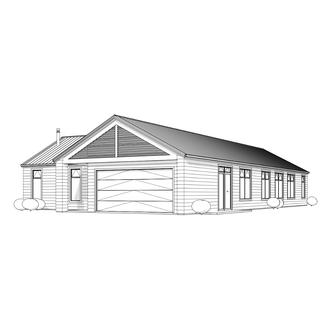 Line drawing of a single-story house with a gable roof, multiple windows, and a garage door, surrounded by small bushes.