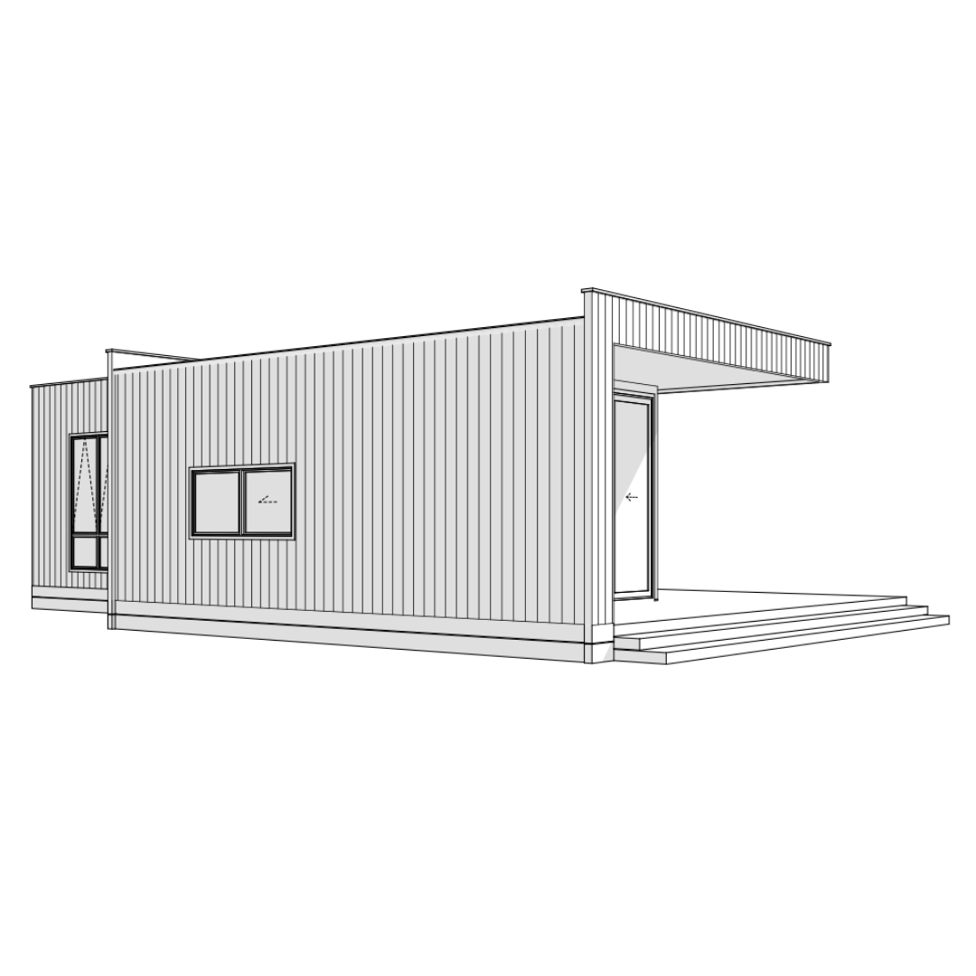 Line drawing of a modern, single-story house with vertical siding, two windows, and a covered front porch with steps.