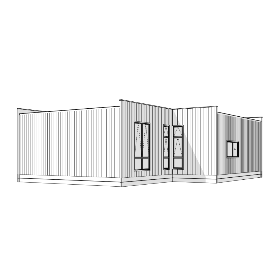 Line drawing of a modern, flat-roofed house with multiple windows and vertical siding.