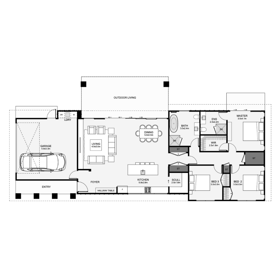 Floor plan of a house showing an entry, foyer, hallway table, kitchen, scullery, living room, dining area, outdoor living space, laundry, garage, three bedrooms, two bathrooms, master bedroom with ensuite and walk-in closet, and storage areas.