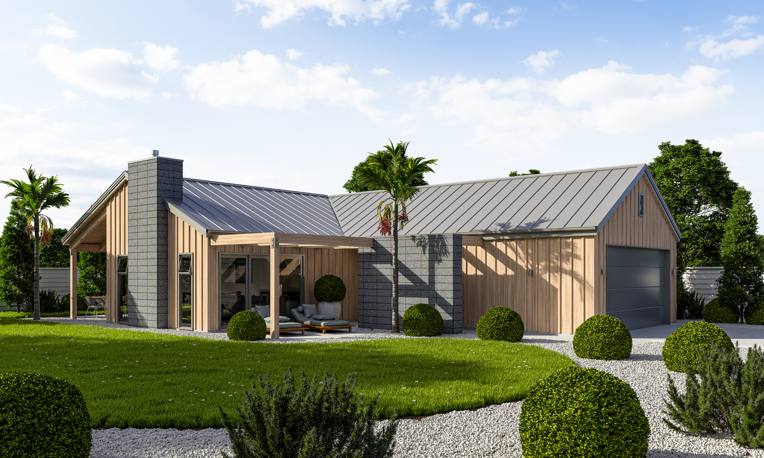A modern house with a metal roof and wooden exterior, surrounded by manicured lawn and trimmed bushes, with palm trees and a partly cloudy sky in the background.