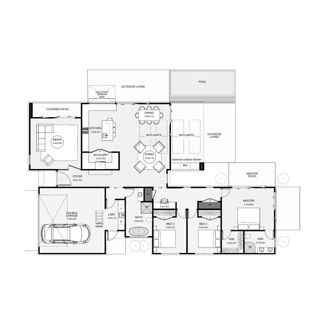 Floor plan of a house with labeled rooms including a double garage, laundry, bedroom, bathroom, study, master bedroom with walk-in closet and ensuite, living room, dining area, kitchen, media room, covered patio, outdoor living area, pool, and additional outdoor patios.