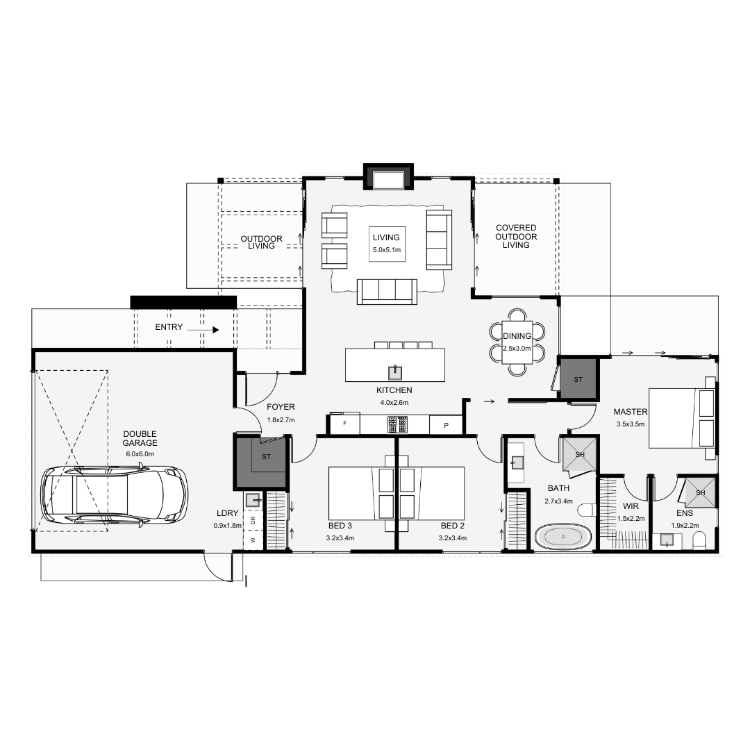 Floor plan of a house showing the layout of rooms, including garage, foyer, kitchen, living room, dining area, master bedroom with ensuite and walk-in closet, two additional bedrooms, two bathrooms, laundry room, and outdoor living spaces.
