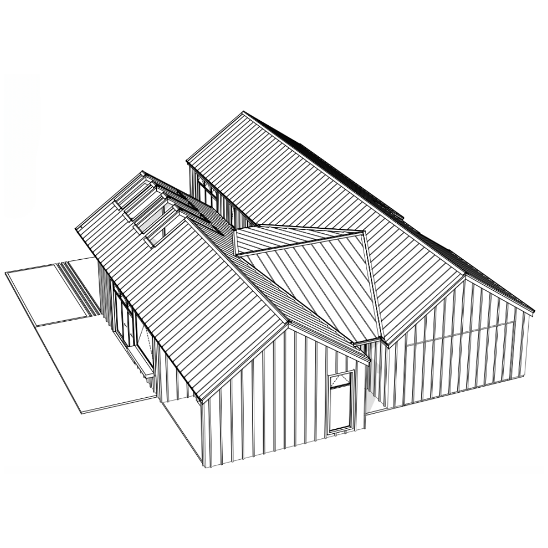 Line drawing of a house with multiple roof sections, exterior walls with vertical siding, and a door and window visible.