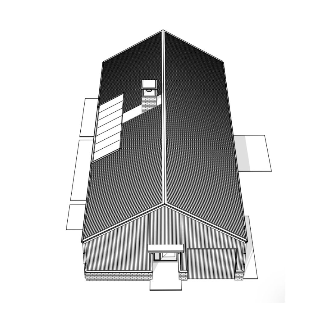 Isometric drawing of a large house with a gabled roof, visible chimney, and a garage door, with patio areas on the sides.