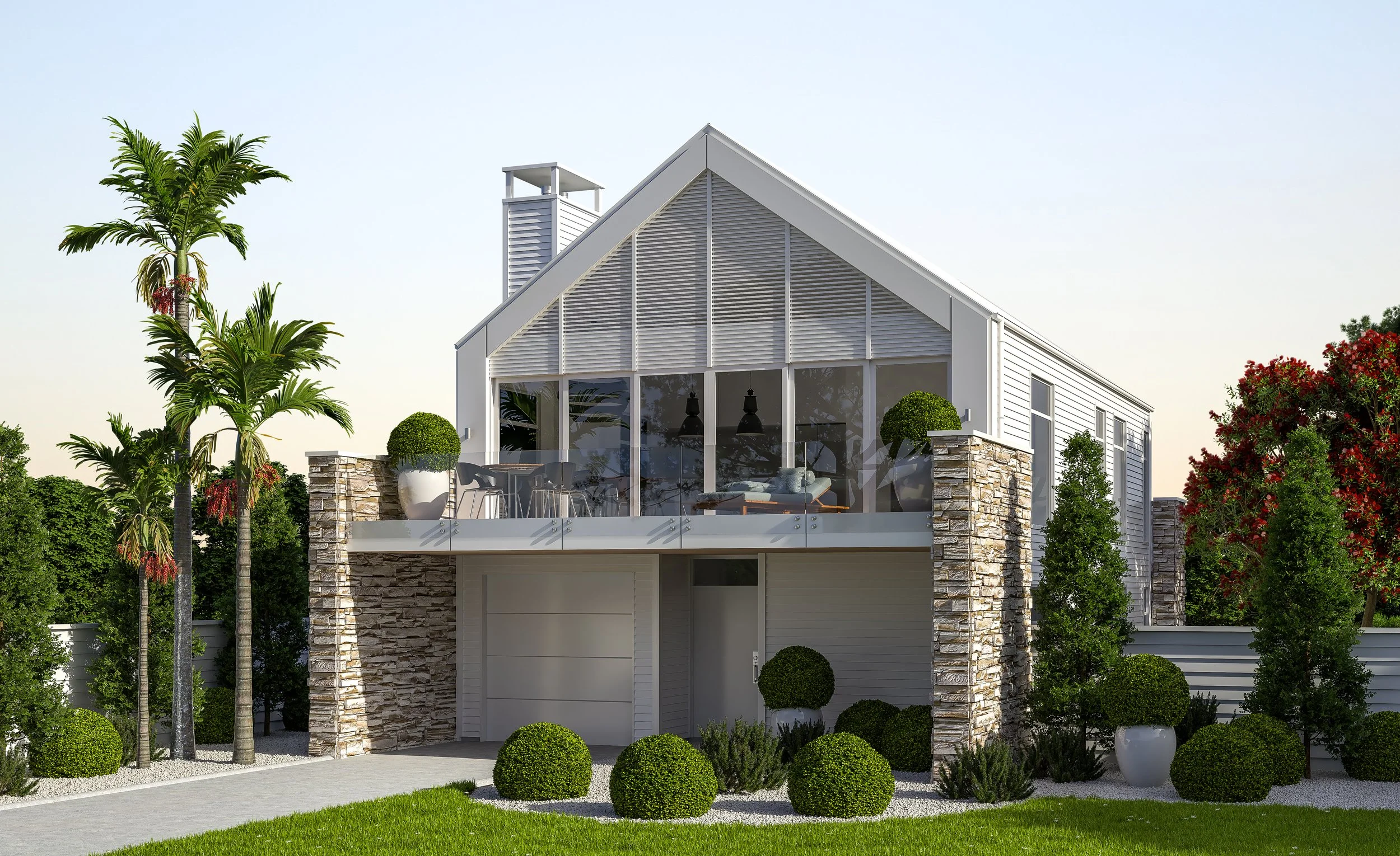 Modern house with a glass-enclosed upper balcony, white siding, stone accents, surrounded by lush green trees and bushes, with a well-maintained lawn and potted plants.