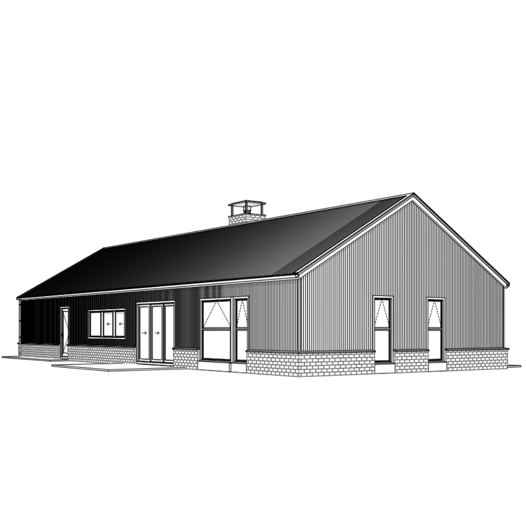 Line drawing of a modern barn with a metal roof, brick accents, several windows, and a small cupola on top.
