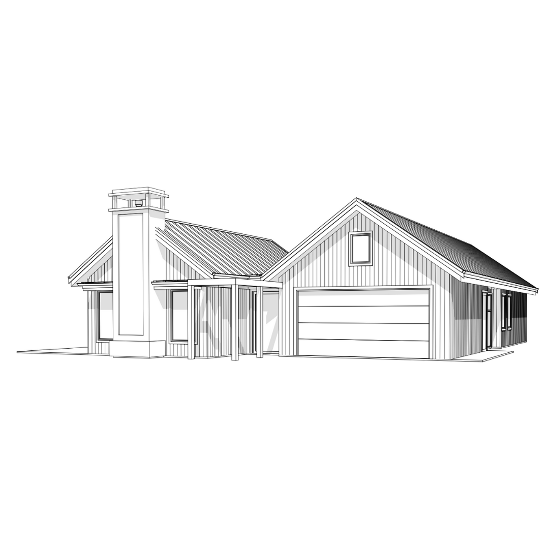 Line drawing of a modern house with a front porch, tall chimney, attached garage, and a gabled roof.