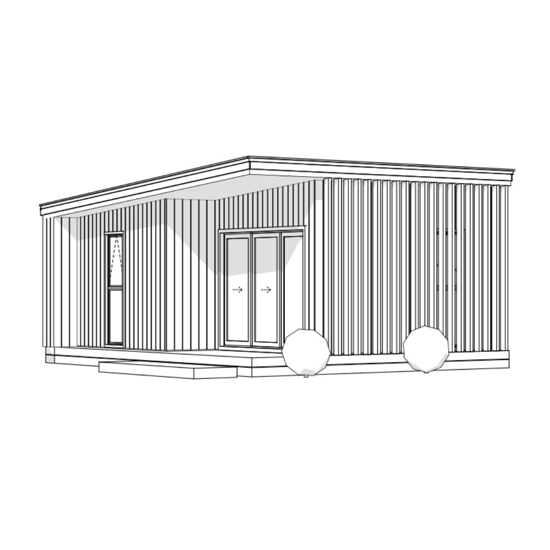 Line drawing of a modern single-story house with vertical siding, a sliding glass door, a small window, steps leading up to the door, and two spherical bushes in front.
