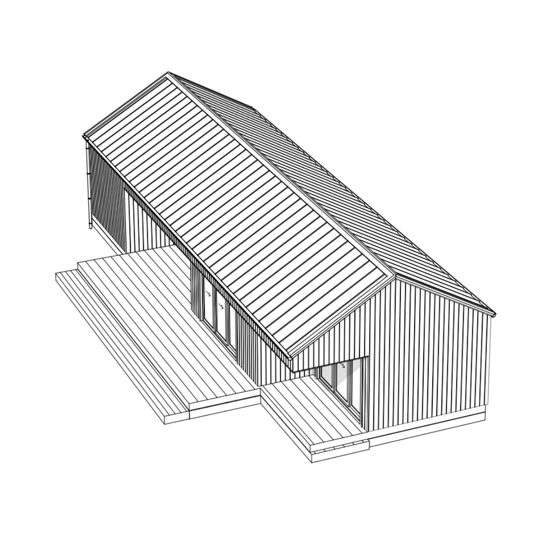 An isometric drawing of a modern house with a metal roof, vertical siding, a wooden deck at the front, and large sliding glass doors.