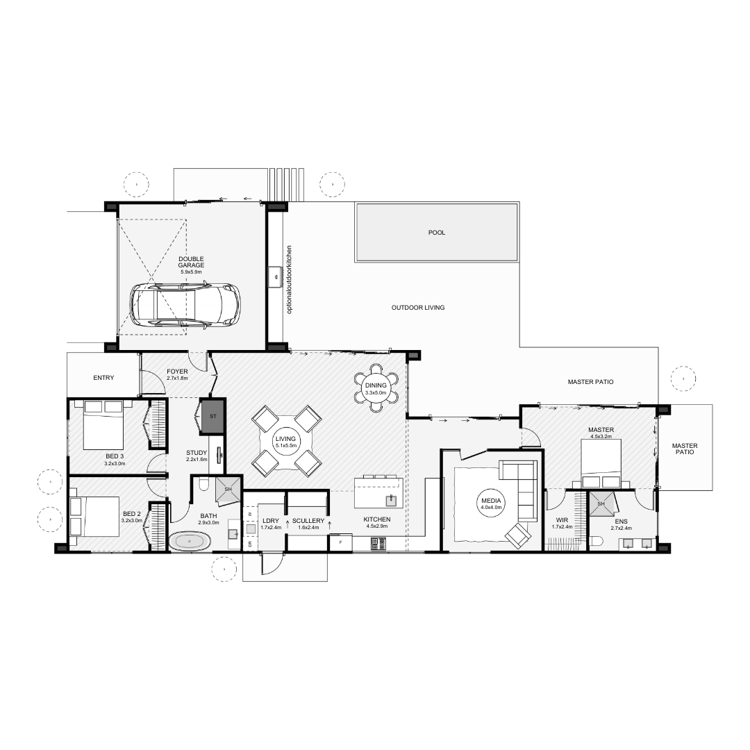 Architectural floor plan of a house with multiple rooms, including bedrooms, bathrooms, a kitchen, living areas, and outdoor spaces such as a pool and patios.