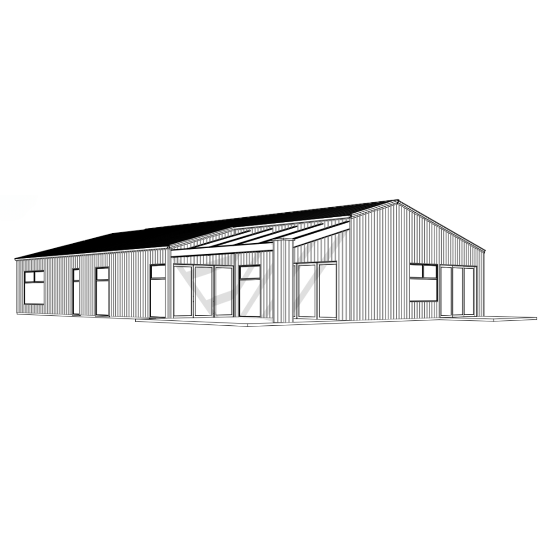 Line drawing of a modern single-story house with large windows, glass doors, and a sloped roof.