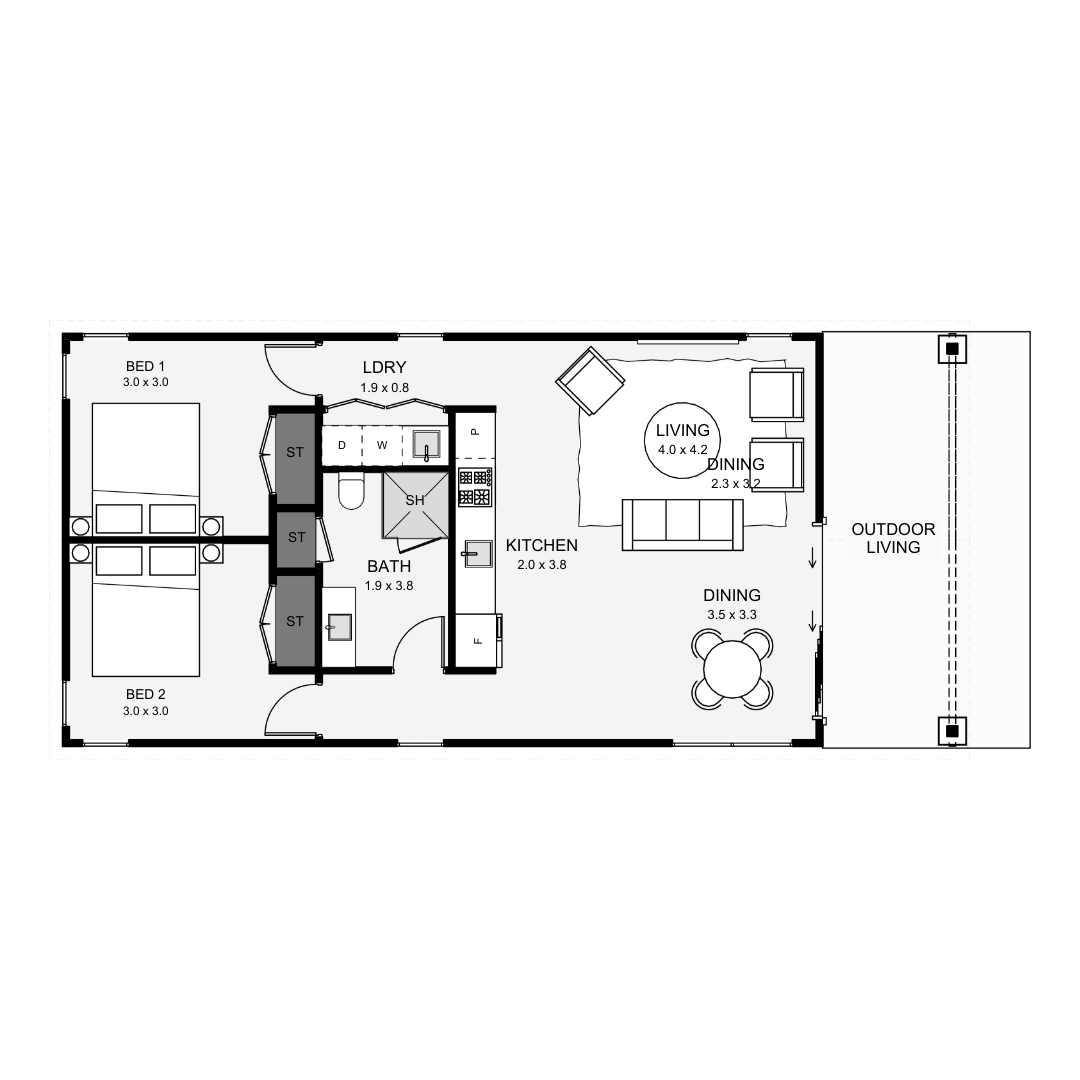 Floor plan of a house with two bedrooms, a bathroom, a kitchen, a living area, a laundry room, an outdoor living space, and dining area.