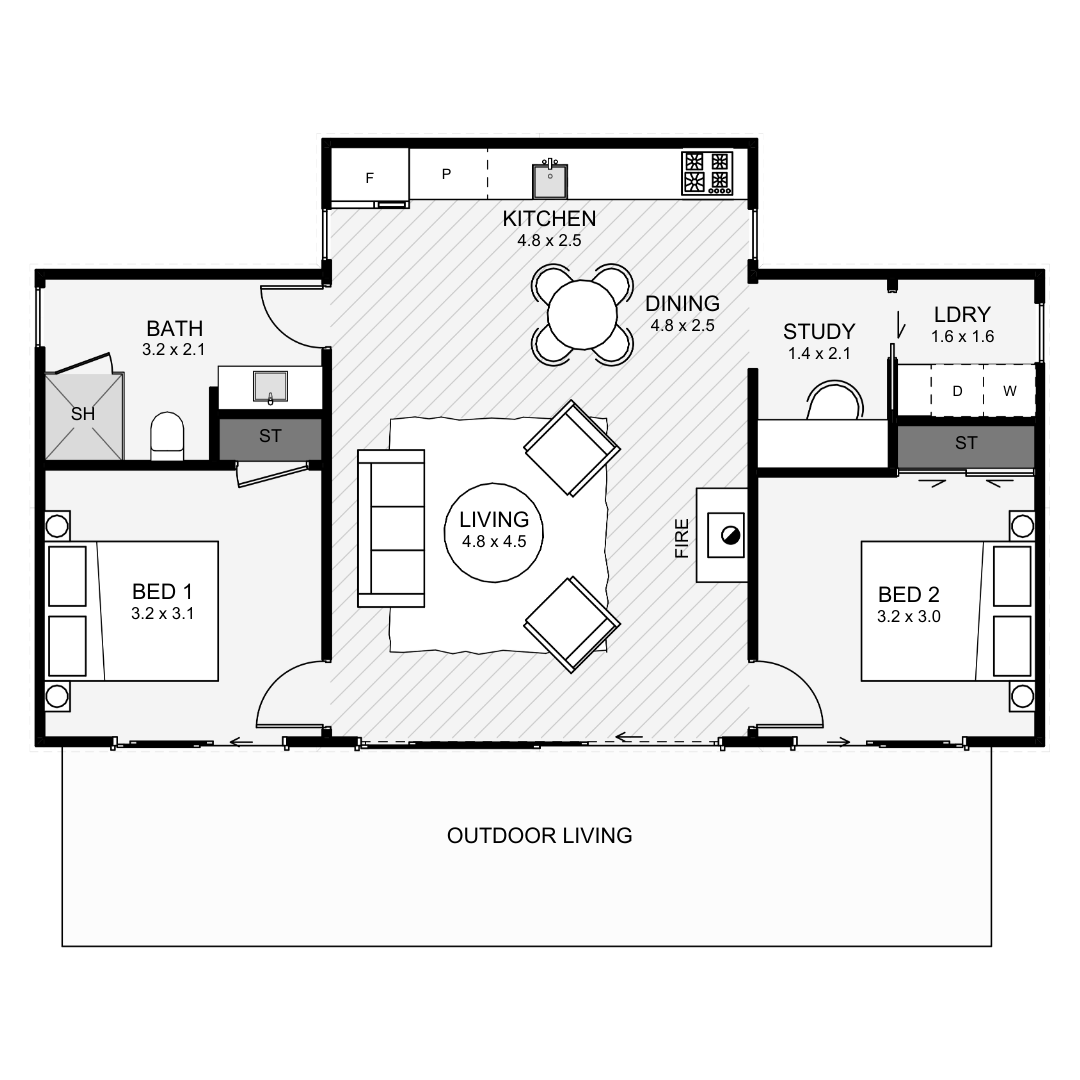 Floor plan of a house showing two bedrooms, two bathrooms, kitchen, dining, living room, study, laundry room, and outdoor living area.
