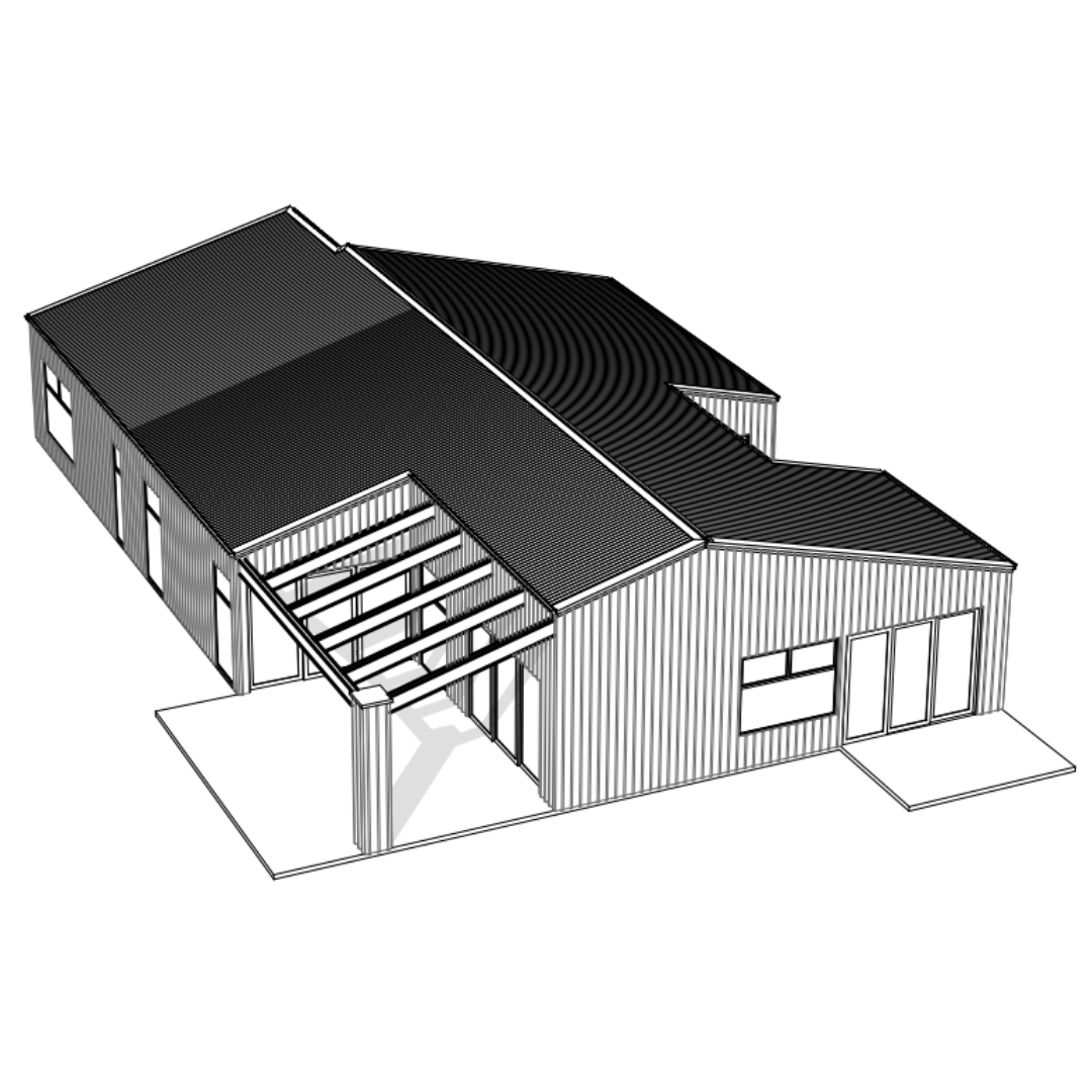 Black and white 3D sketch of a modern house with a covered patio, multiple windows, and a sloped roof.