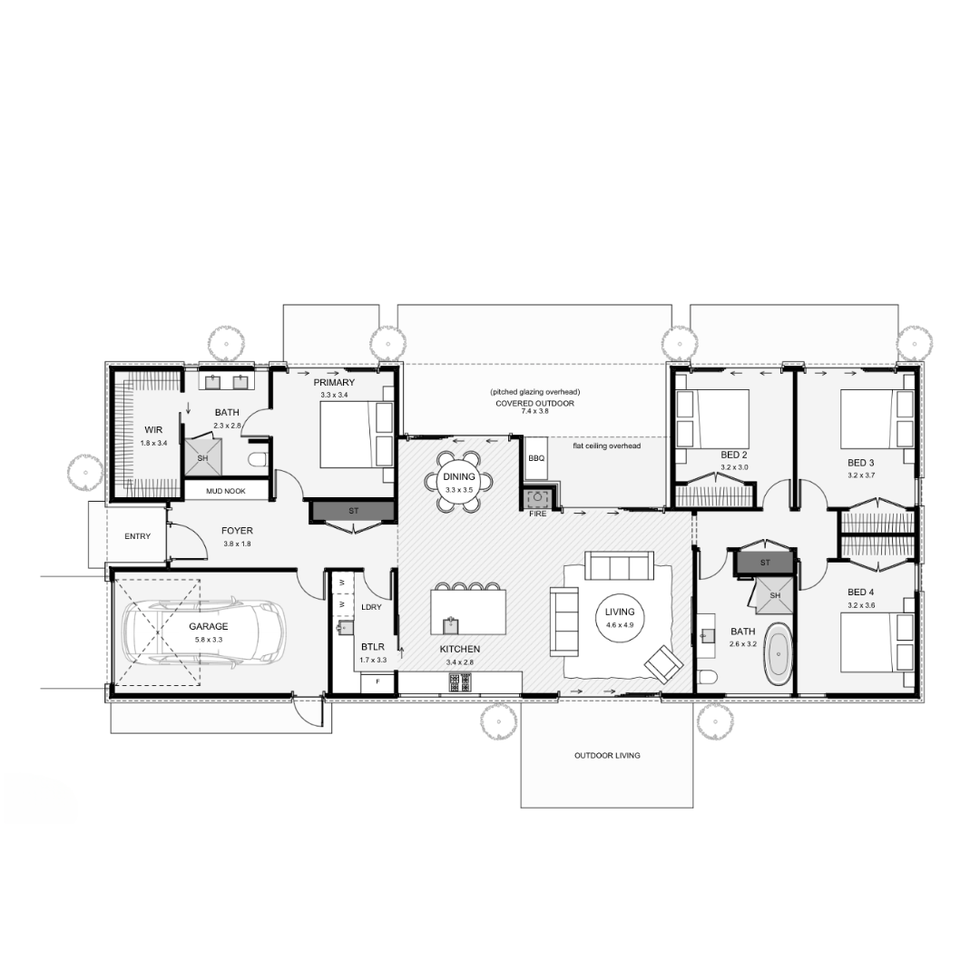 Floor plan of a house showing bedrooms, bathrooms, kitchen, living room, garage, and outdoor areas.