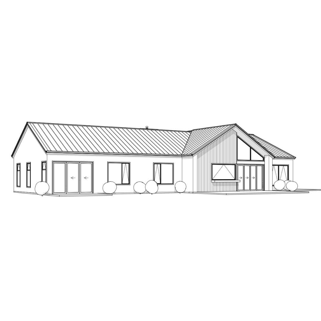 Line drawing of a modern house with a gabled roof, large windows, and a front porch, surrounded by small bushes.