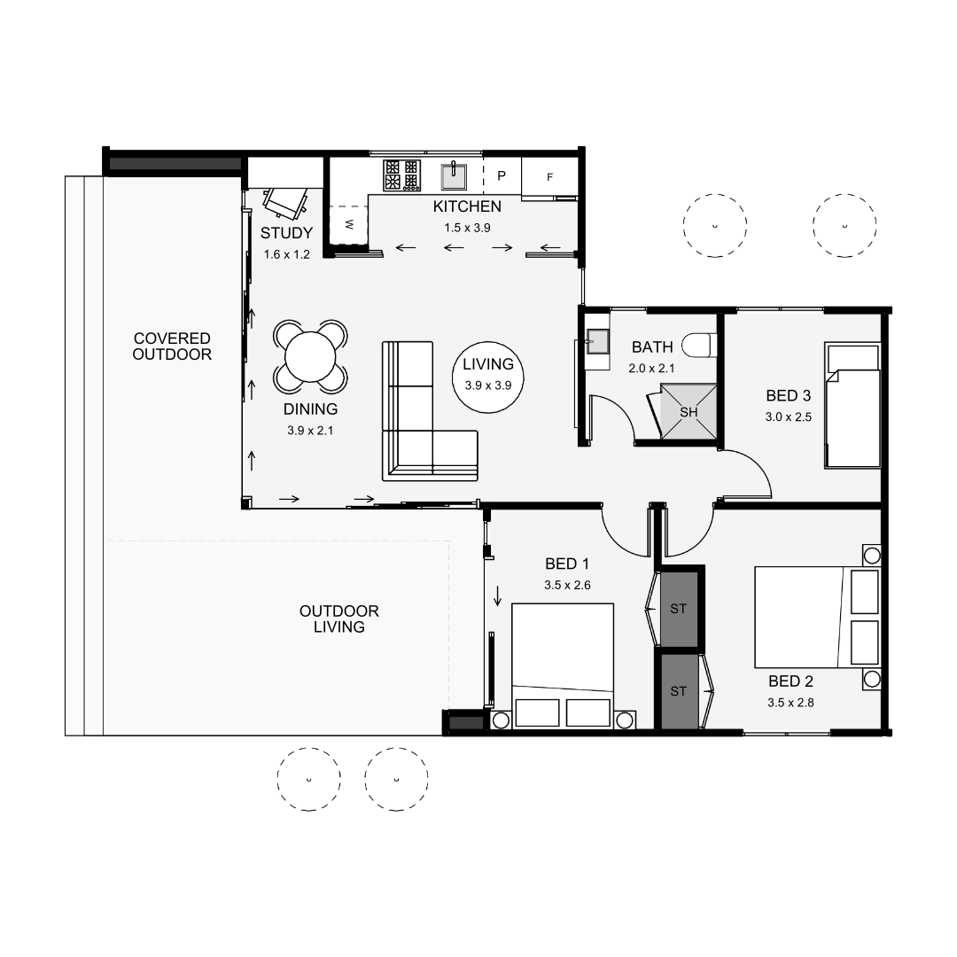 Floor plan of a house with three bedrooms, one bathroom, an indoor kitchen, living and dining areas, and two outdoor living spaces, including a covered outdoor area.