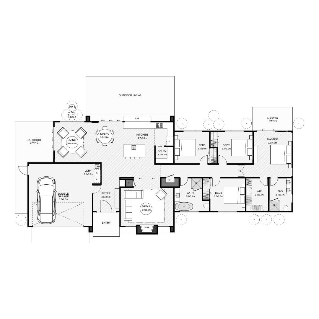 Floor plan of a house with labeled rooms including living room, dining room, kitchen, media room, bedrooms, bathrooms, laundry, garage, outdoor living areas, and outdoor patio.