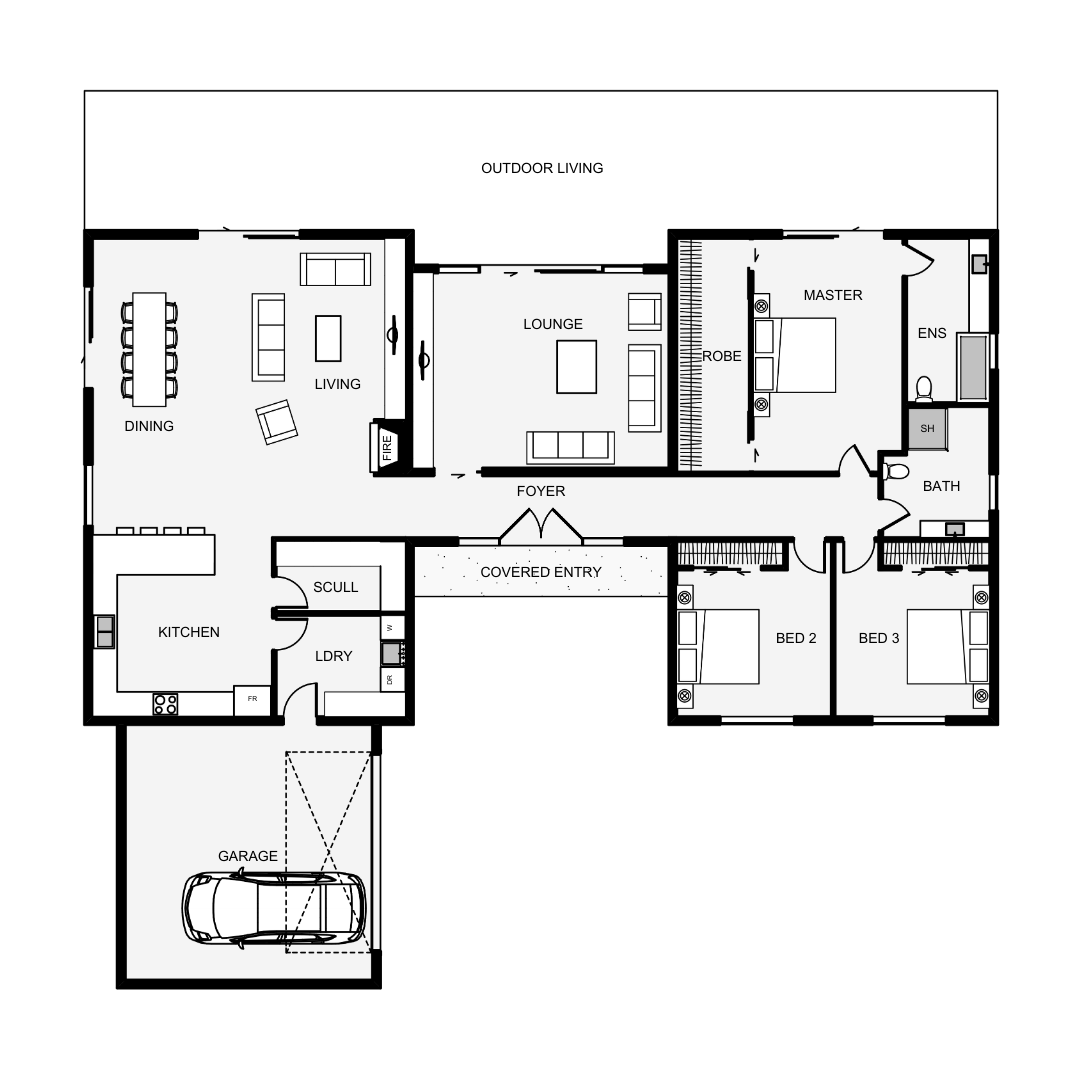 Floor plan of a house with labeled rooms including outdoor living, lounge, master bedroom with ensuite, two additional bedrooms, kitchen, dining, living area, laundry, garage, foyer, covered entry, and a fire feature.
