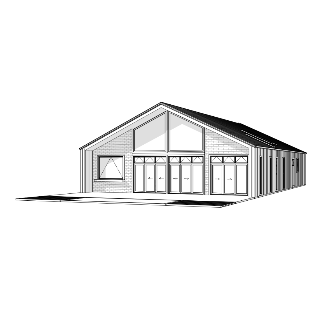 A black and white architectural drawing of a modern house with a gabled roof, large windows, and sliding glass doors, featuring a small porch and a patio area.