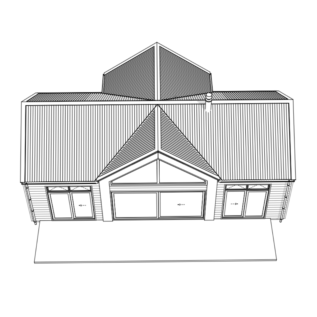 Line drawing of the front view of a house with multiple roofs, large windows, and a concrete patio in front.