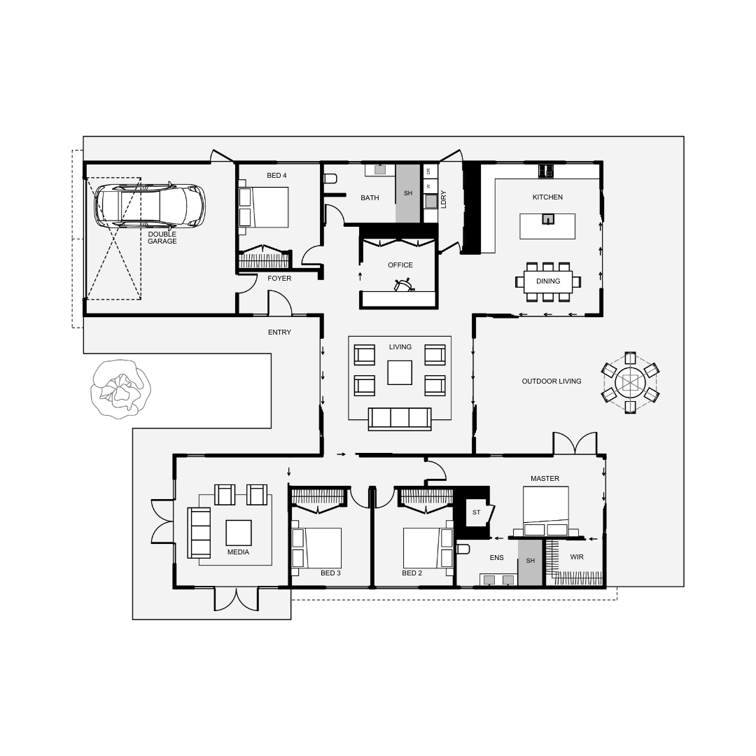 Floor plan of a house showing rooms and layout, including garage, bedrooms, bathrooms, office, living room, kitchen, dining area, outdoor living space, media room, and master suite with walk-in closet.