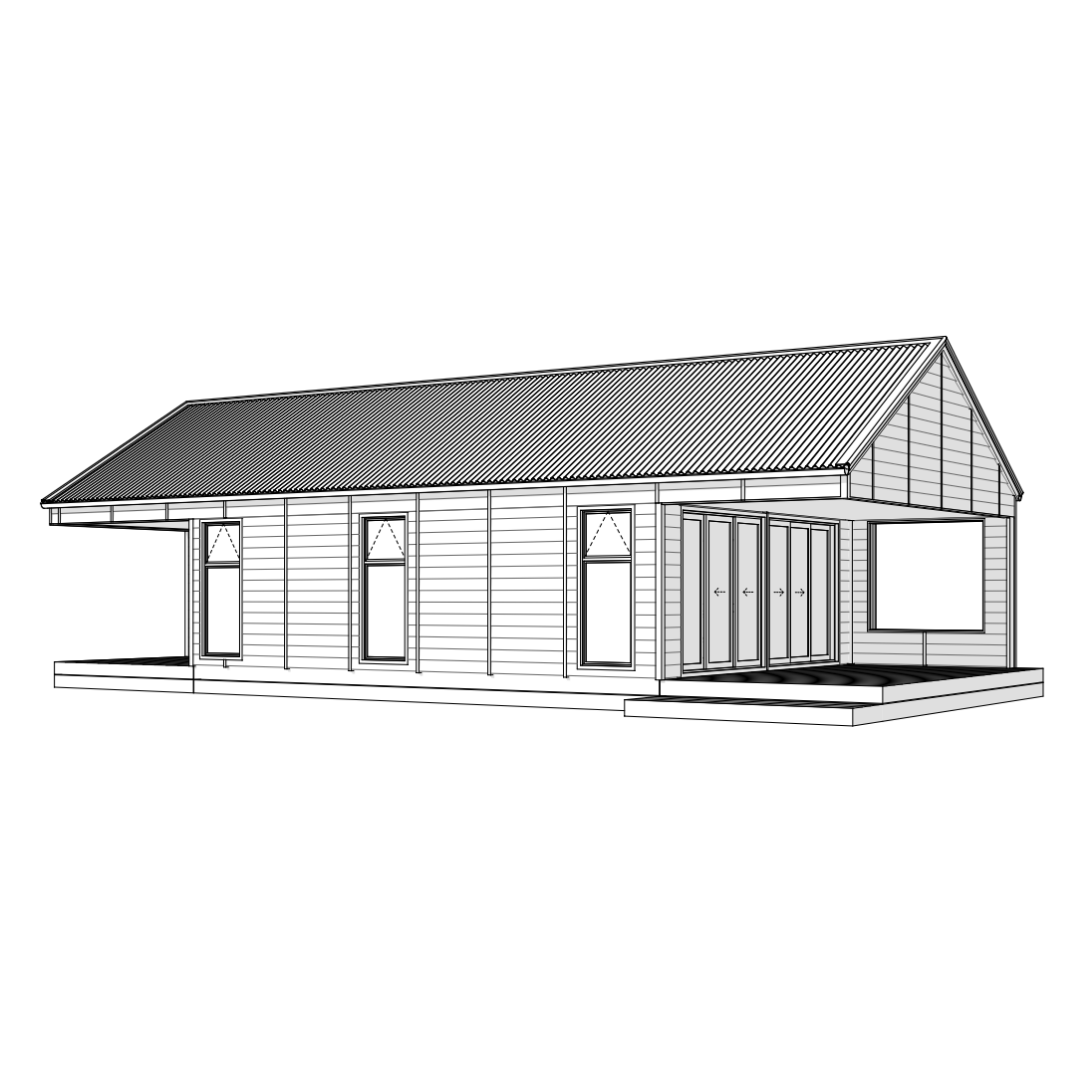 Architectural drawing of a house with a gable roof, siding, multiple windows, and a covered porch area.