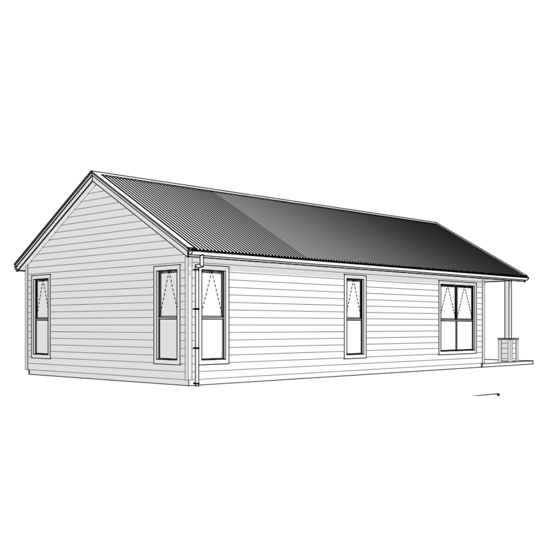 Line drawing of a single-story house with a gable roof, multiple windows, and siding exterior.