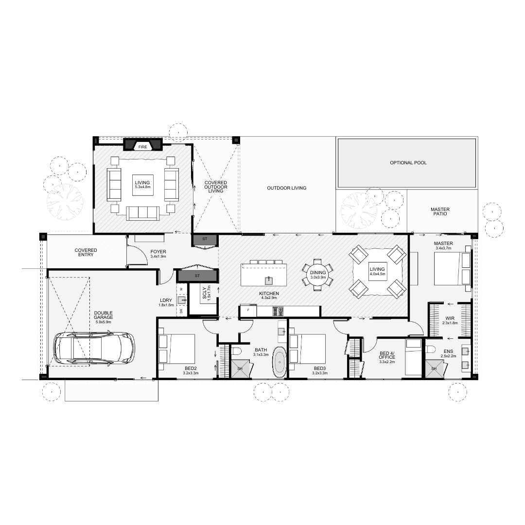 Floor plan of a house showing bedrooms, bathrooms, kitchen, living areas, garage, outdoor covered areas, and a pool.