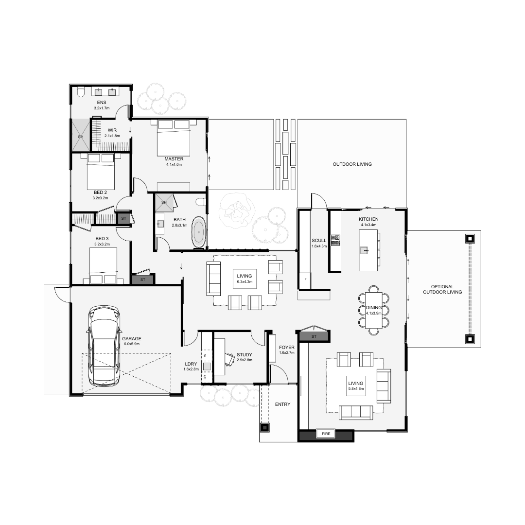 Floor plan of a house with labeled rooms including garage, entry, foyer, study, laundry, living rooms, kitchen, outdoor living space, bedrooms, bathrooms, and outdoor areas.