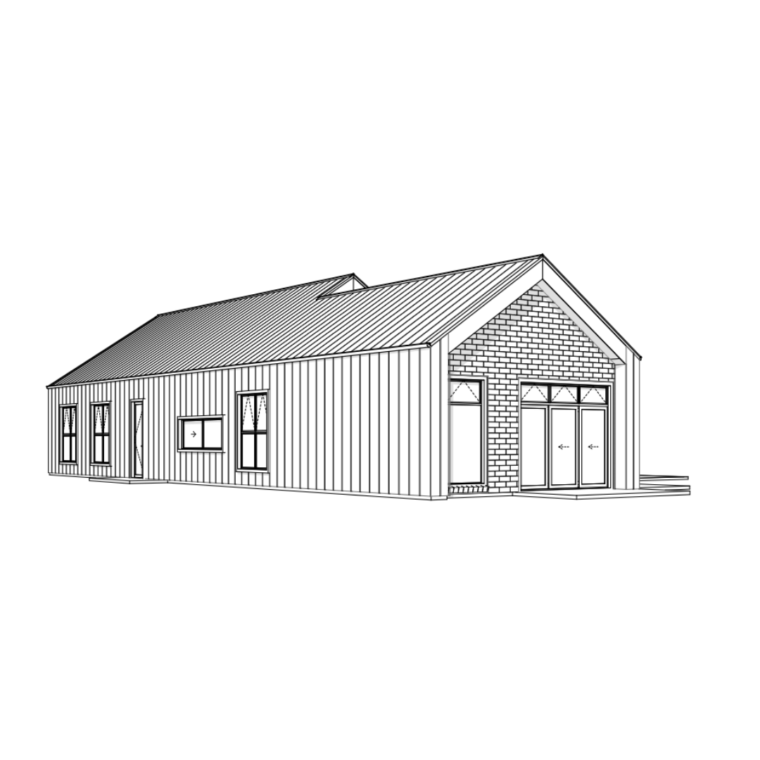 Line drawing of a modern house with metal roofing, brick and siding exterior, multiple windows, and a front entrance with glass doors and a small porch.