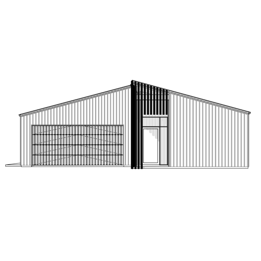 Line drawing of a modern house with vertical siding, large windows, and an entry door, featuring a contemporary architectural design.