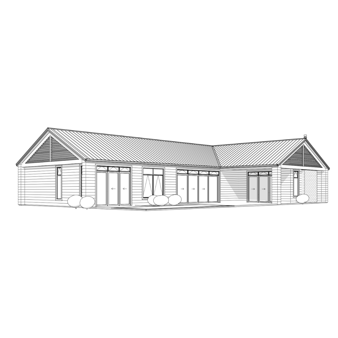 Line drawing of a modern single-story house with a gabled roof, large windows, and surrounding bushes.