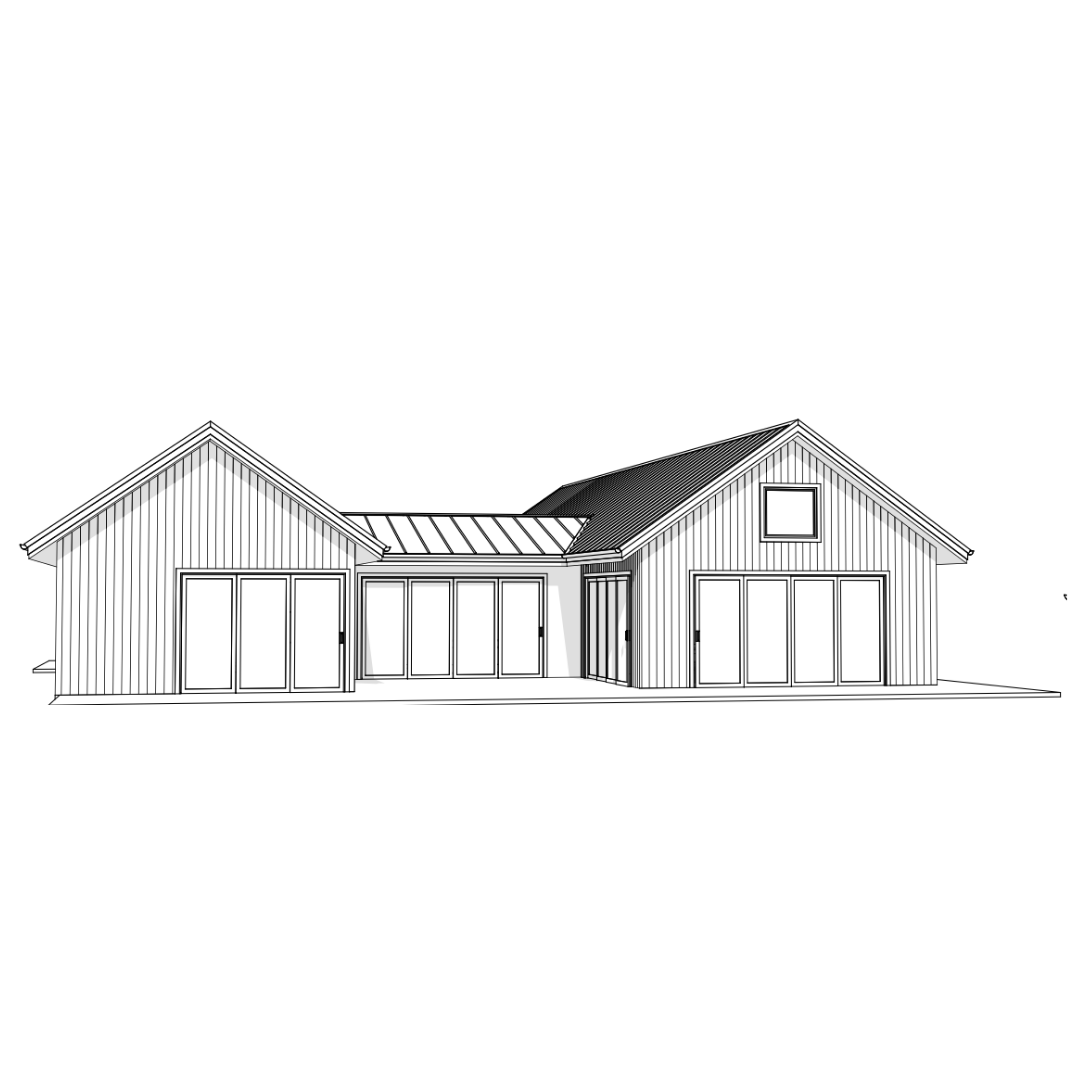 Line drawing of a modern house with two gable roofs, multiple large windows, and a central entrance.