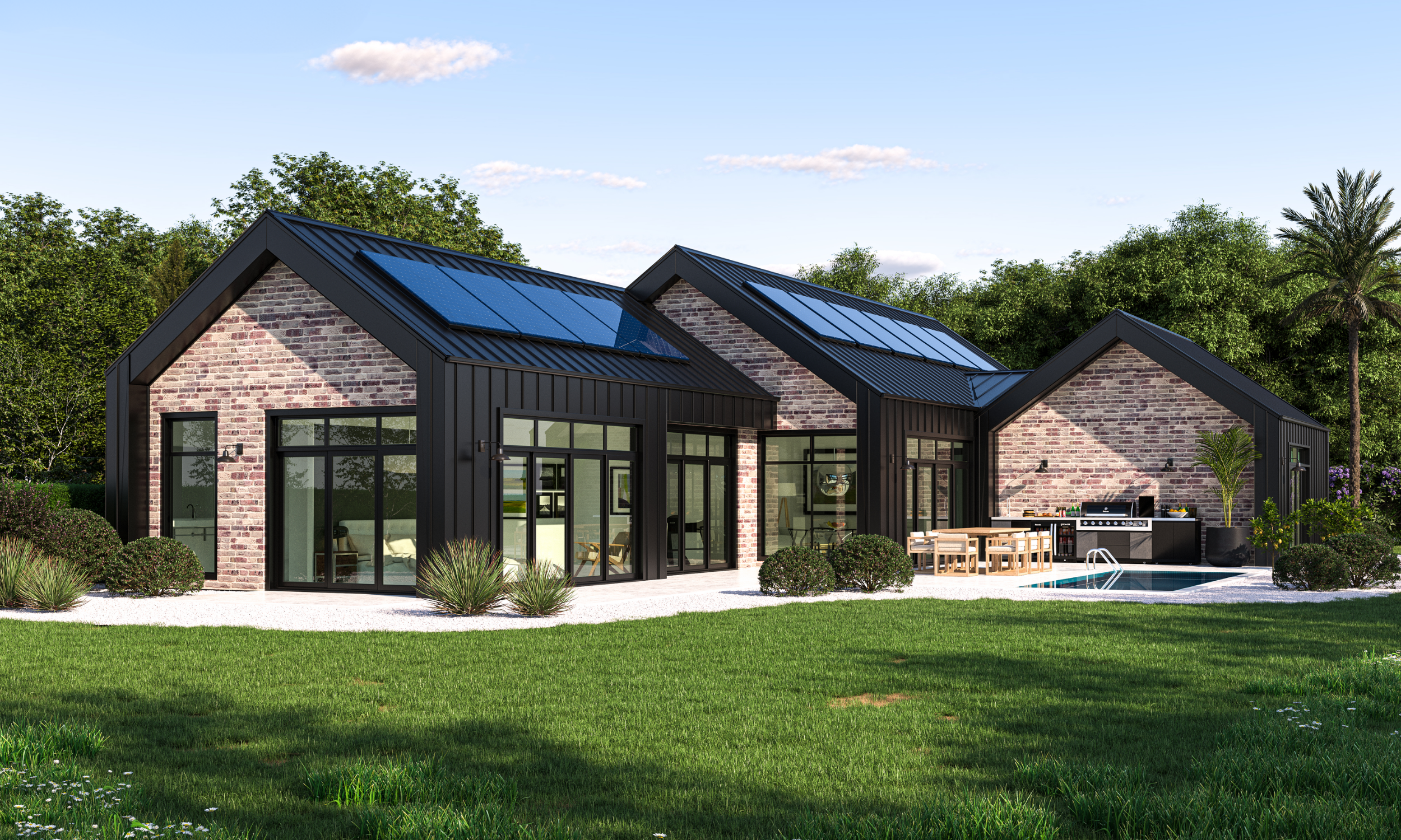Modern house with brick and black siding exterior, solar panels on roof, large glass doors, outdoor seating area, swimming pool, green lawn, and lush trees in background.