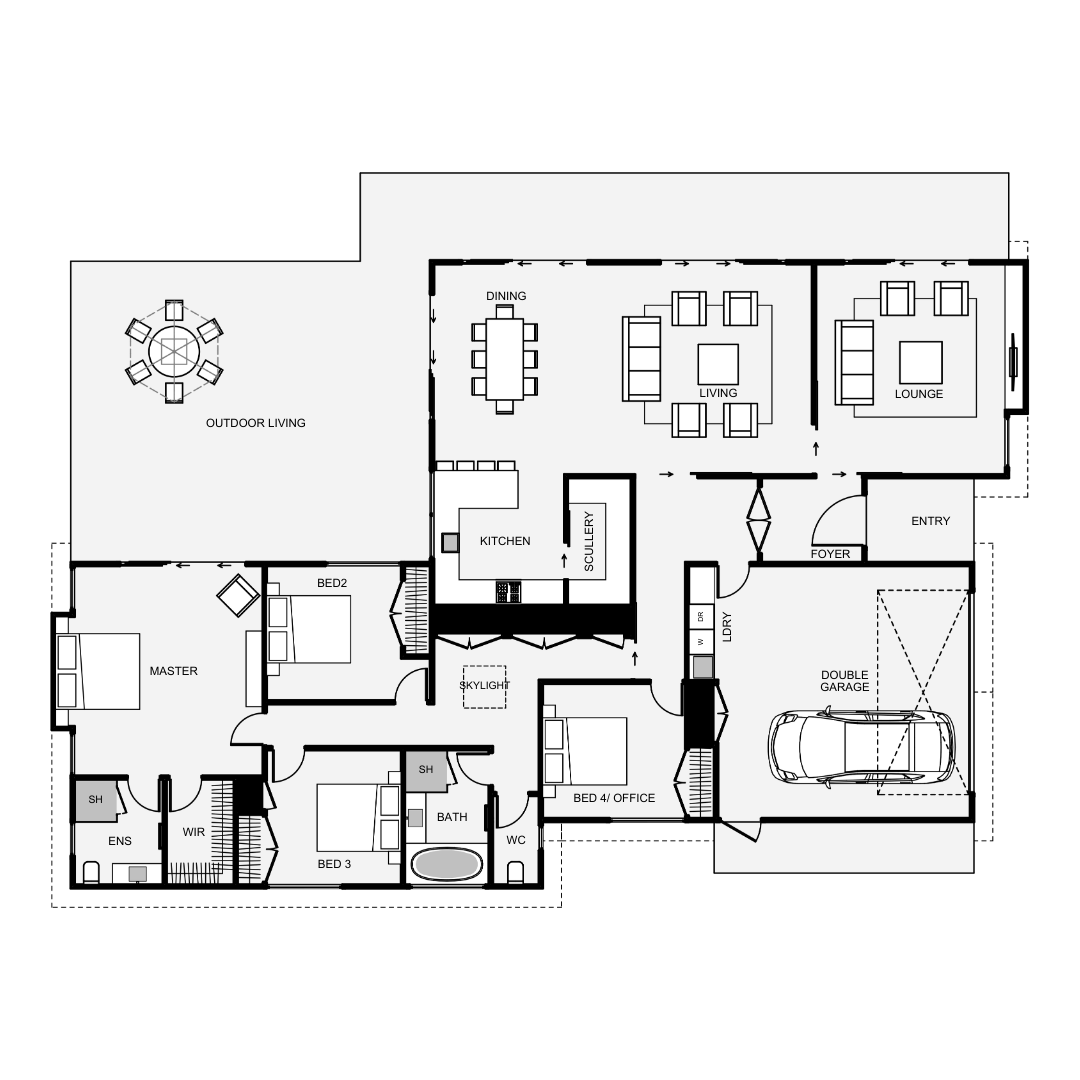 A detailed floor plan of a house showing various rooms including living, dining, kitchen, bedrooms, bathrooms, laundry, garage, outdoor living area, and entry.