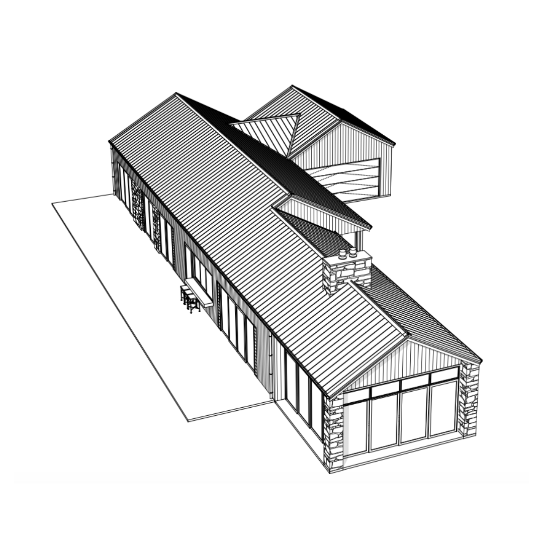 A 3D architectural sketch of a modern house with a large sloped roof, multiple glass doors, a chimney, and an attached garage.