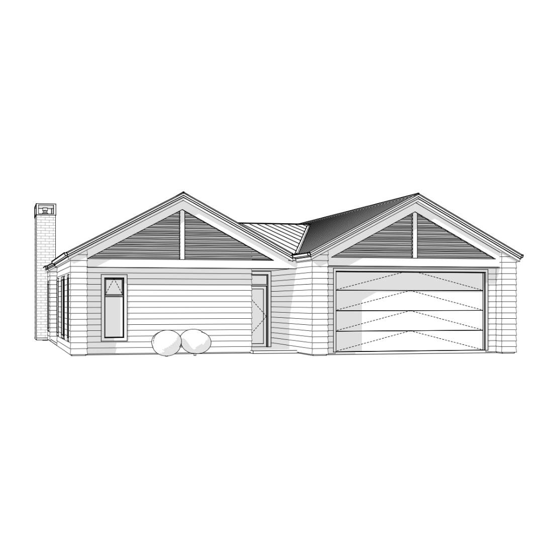 Line drawing of a suburban house with attached garage, chimney, and front door, with two bushes in front.