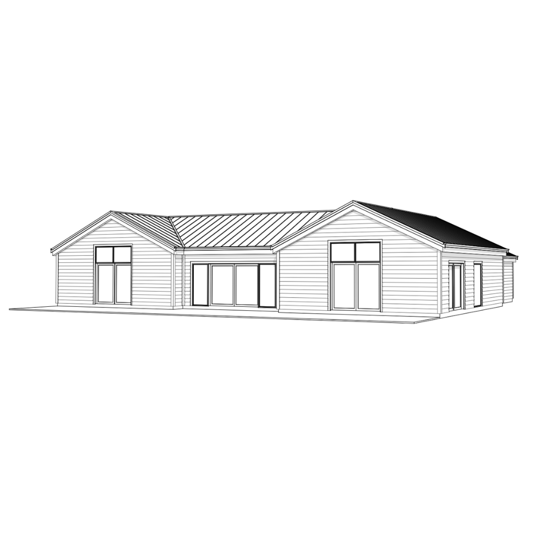 Line drawing of a single-story house with a gabled roof, large windows, and a sliding glass door in the center.