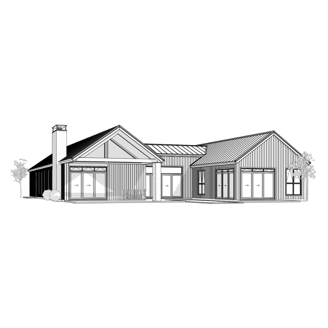 Black and white architectural drawing of a modern house with large windows, a chimney, and trees on the sides.