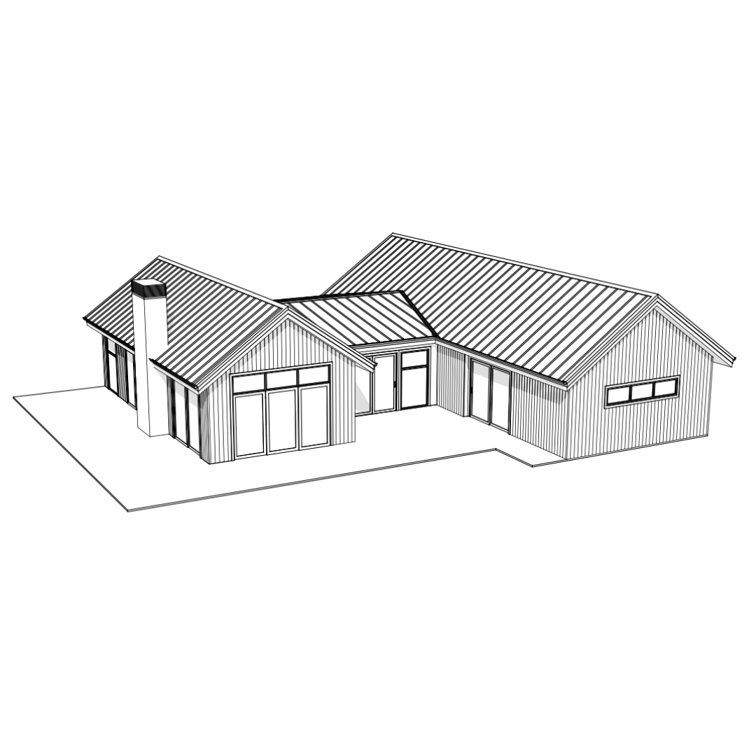Line drawing of a modern single-story house with a metal roof, large windows, and a chimney.