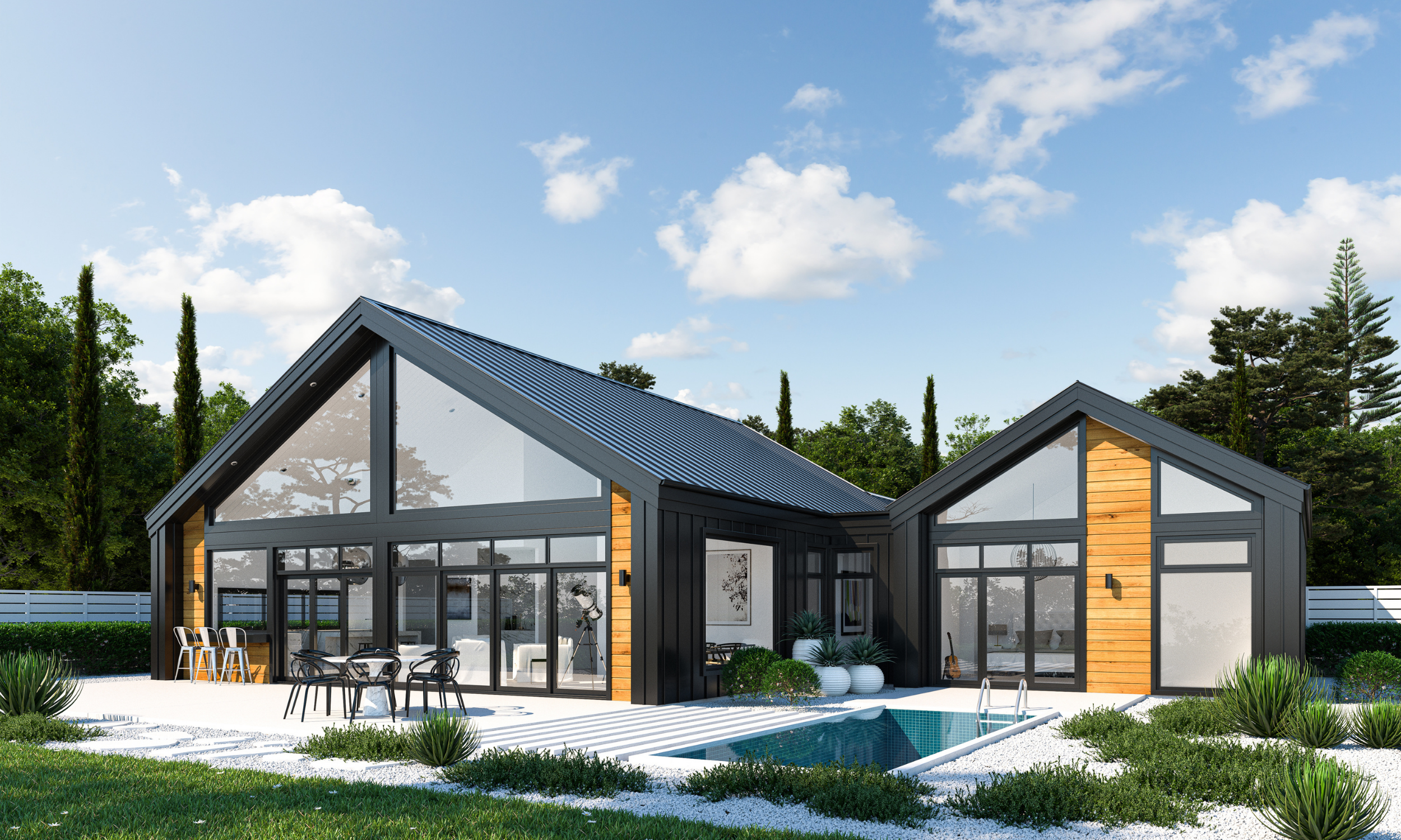 Modern two-story house with large glass windows and wooden siding, with a backyard swimming pool and outdoor seating, surrounded by greenery and tall trees.