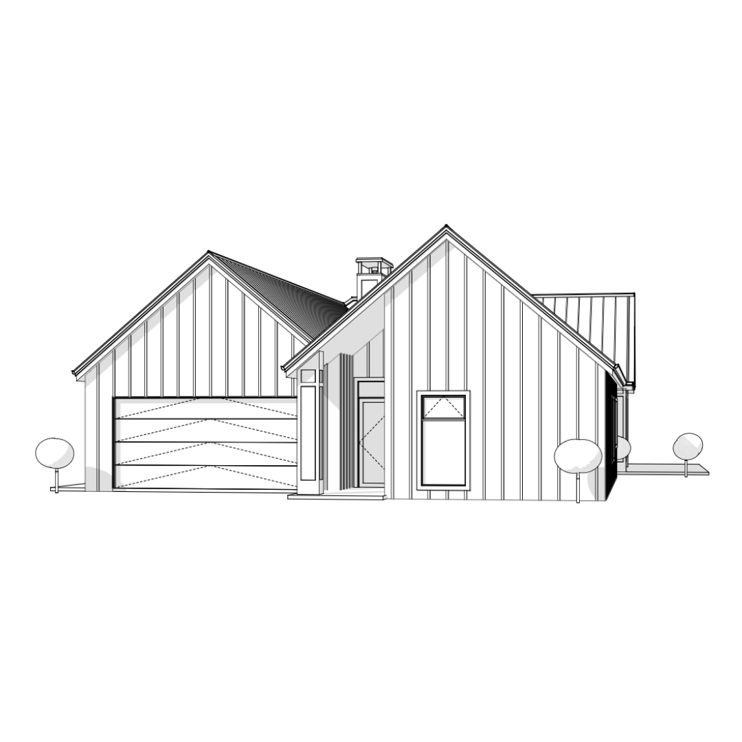 Line drawing of a modern house with a garage, front steps, and shrubs.