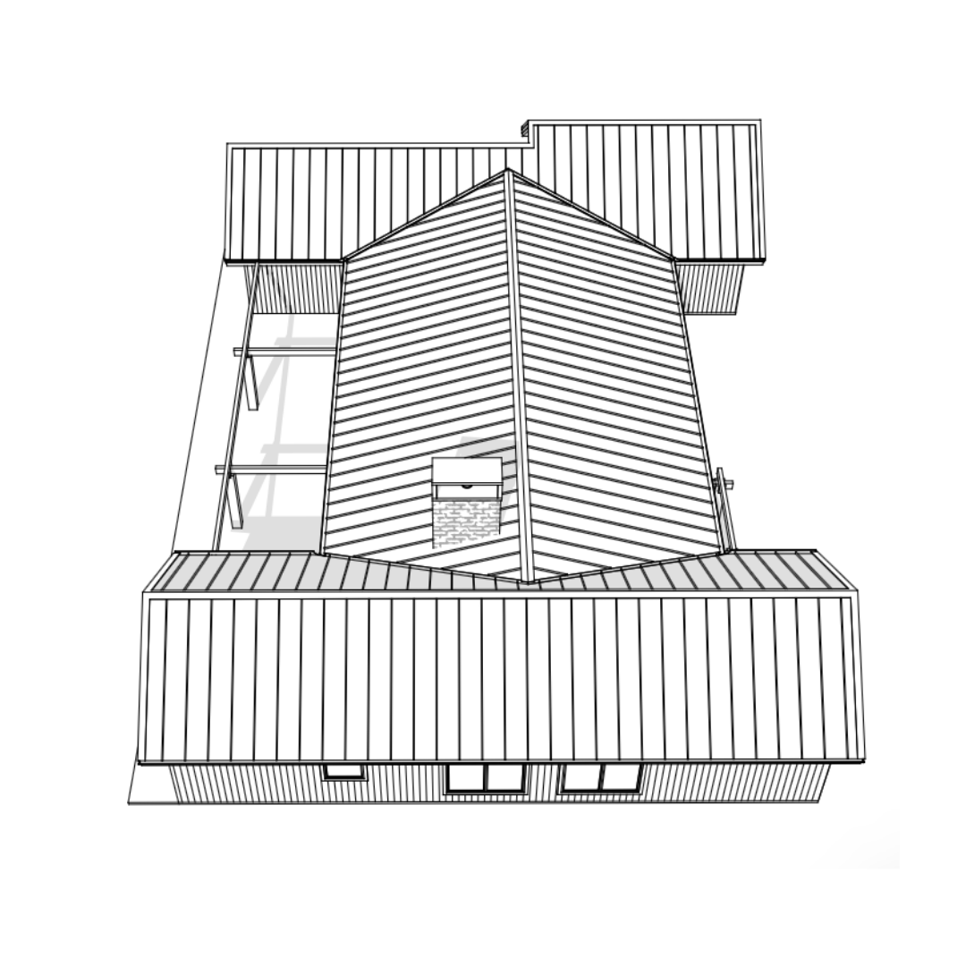 Line drawing of a house roof with multiple sections and windows, viewed from above.