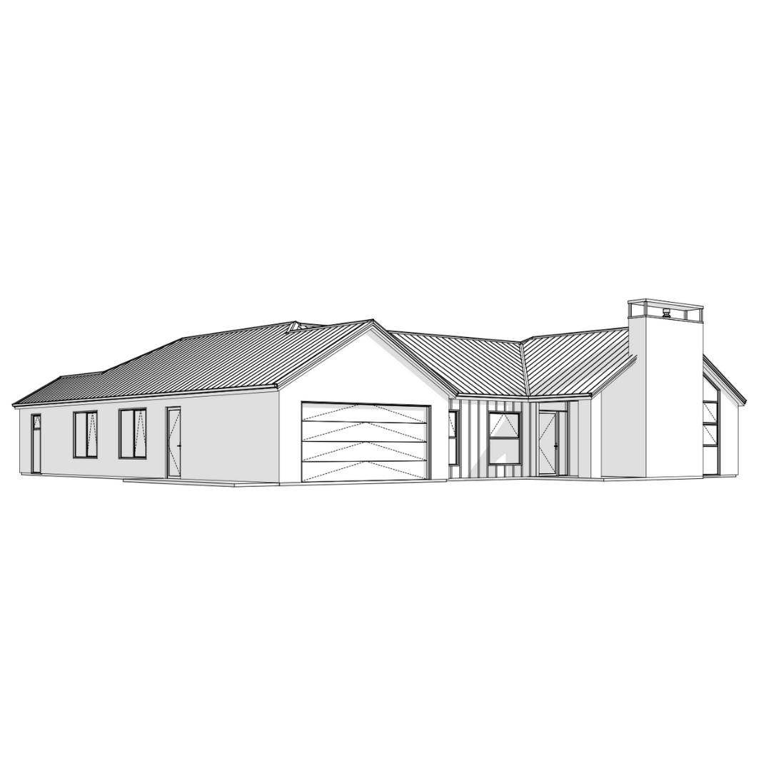 Line drawing of a single-story house with a gabled roof, garage, and chimney.
