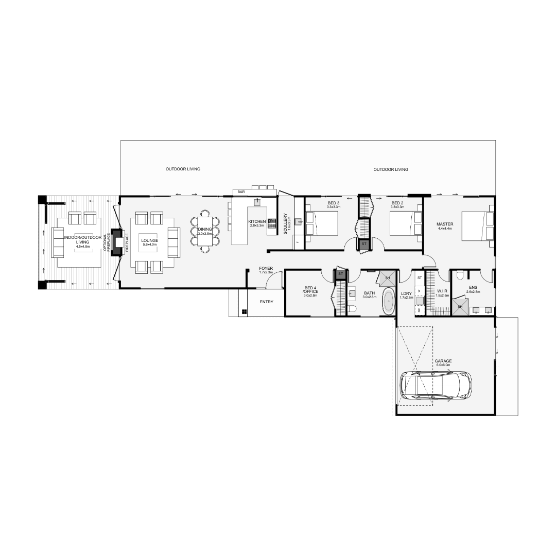 Floor plan of a single-story house with indoor and outdoor living spaces, including a garage, master bedroom with ensuite, two additional bedrooms, a home office, a bathroom, laundry room, kitchen with island, dining area, lounge, and outdoor patio with seating.