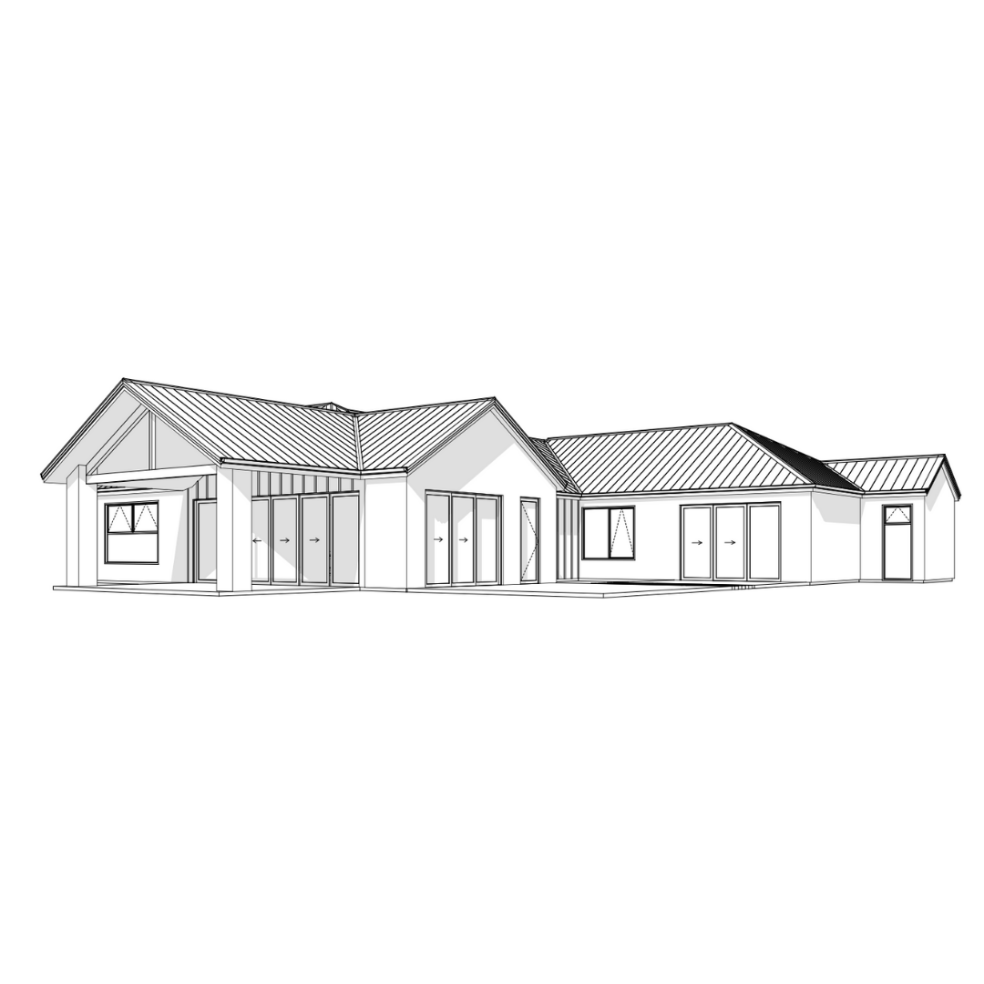 Line drawing of a single-story house with multiple sections, gabled roofs, and large windows.